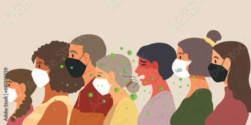 Sick man coughing or sneezing among of people wearing mask. Concept of COVID-19 prevention, virus transmission, contagious disease, flu spreading, virus epidemic. Flat vector illustration.