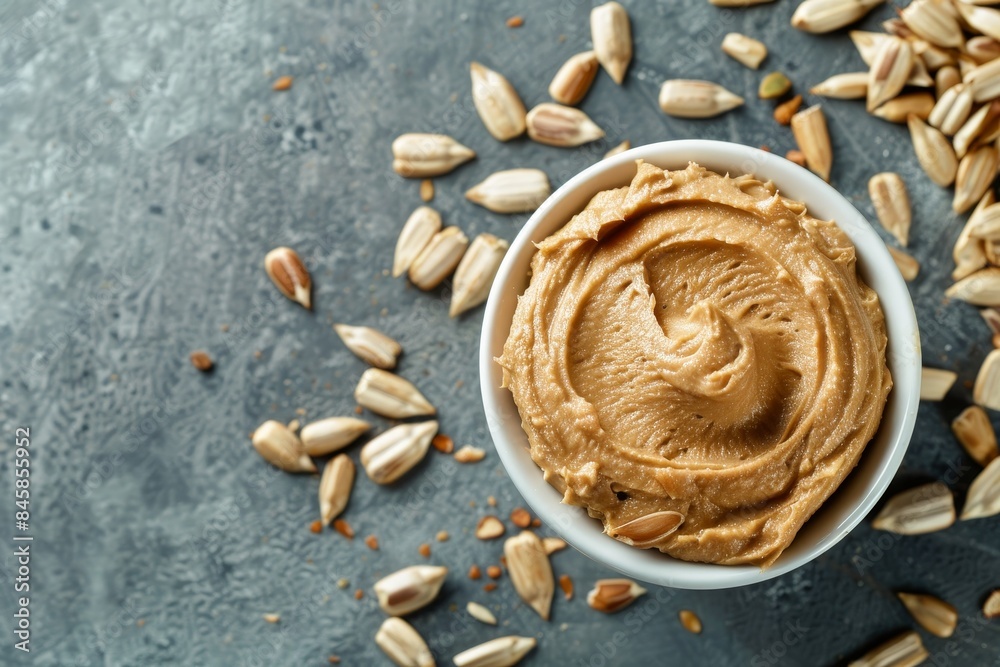 Top down view of white bowl of organic sunflower seed butter with grey background and scattered seeds Top down view of white bowl of organic sunflower seed butter with grey background and scattered seeds