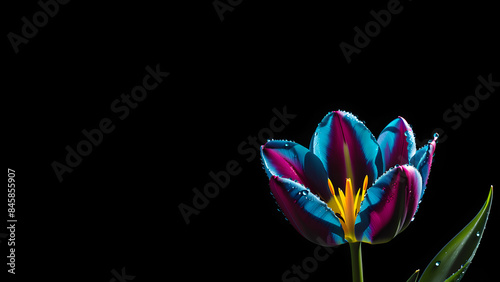 Single Tulip Closeup Against Pitch Black Background. photo