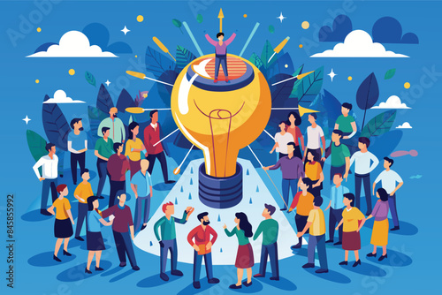 A group of people gather around a large, bright lightbulb, representing inspiration and ideas.