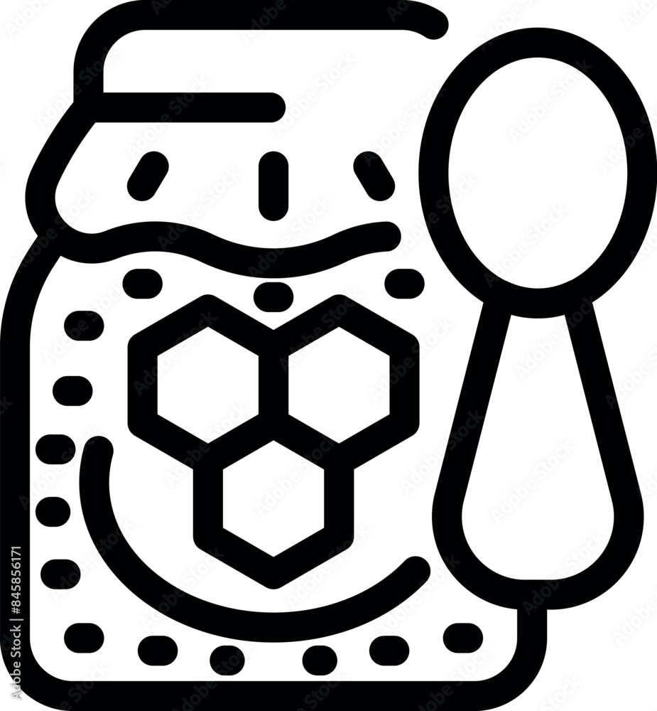 Line drawing of an open honey jar with a honeycomb pattern and a dipper resting on top Line drawing of an open honey jar with a honeycomb pattern and a dipper resting on top