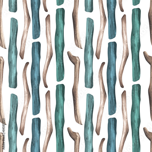 Driftwood. Watercolor illustration. Dry wood washed with salt water. Colored old boards. Seamless pattern. Ornament for background design, packaging, label, textile, wallpaper