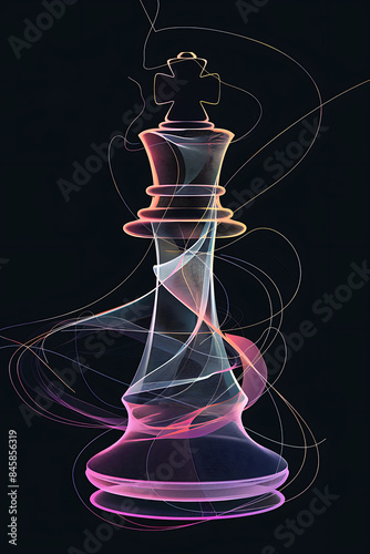 colorful king chess piece on dark background, simple line drawing style, world chess day wallpaper, graphic board game card with copy space