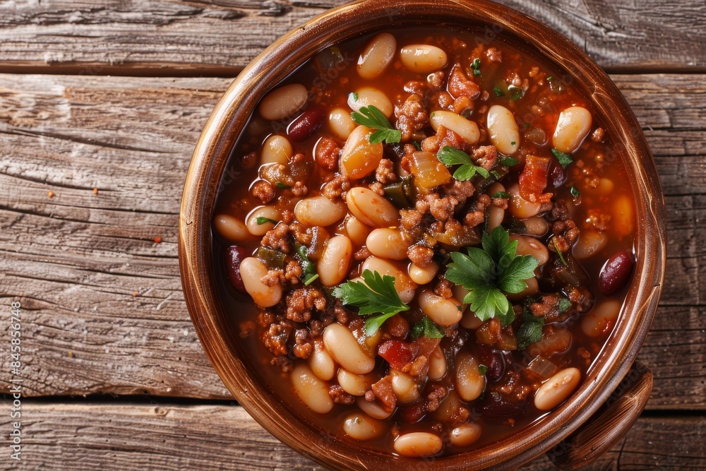 Top view of a hearty cowboy stew with beans beef and bacon in a spicy sauce in a bowl on a table Top view of a hearty cowboy stew with beans beef and bacon in a spicy sauce in a bowl on a table