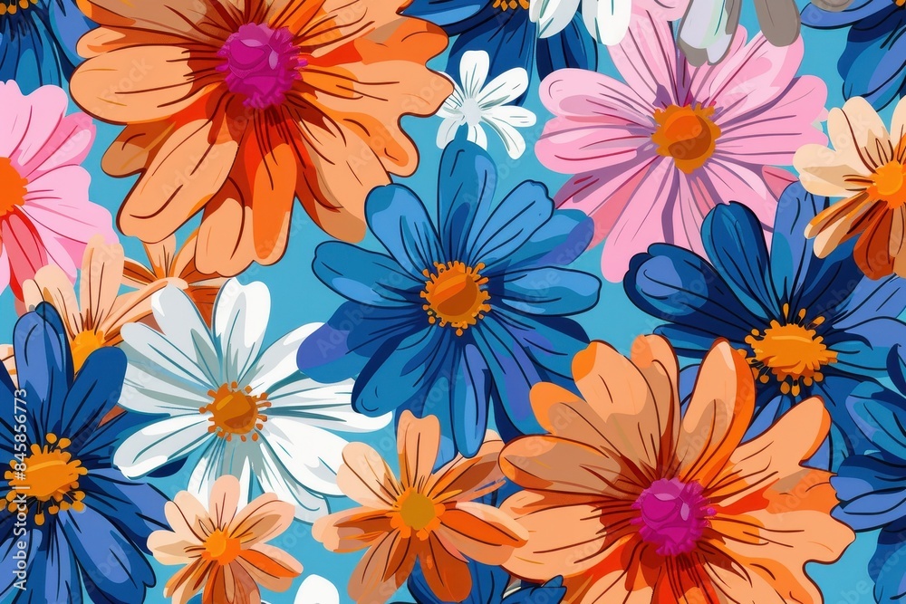 The image features a collection of striking daisy illustrations with a harmonious blend of colors, set against a soothing blue background