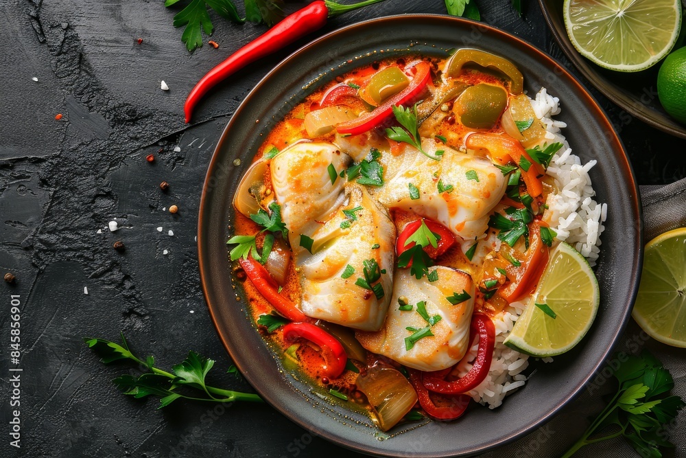 Top view of a plate with traditional Brazilian Moqueca Baiana fish and bell peppers in coconut sauce Top view of a plate with traditional Brazilian Moqueca Baiana fish and bell peppers in coconut sauce