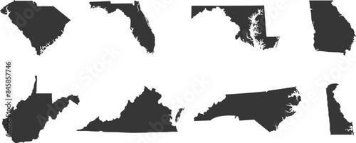South region. South Atlantic: Delaware, Florida, Georgia, Maryland, North Carolina, South Carolina, Virginia, West Virginia. States of America territory. Separate states.