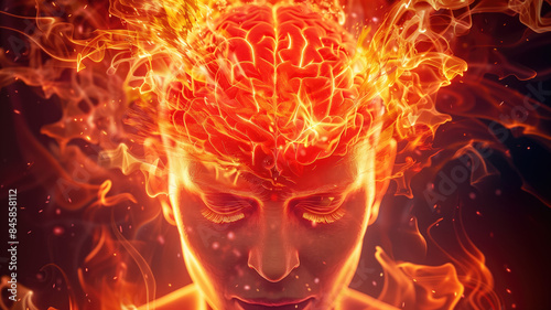 abstract human brain neurology concept burning head symbolizing stress headache and migraines with strong emotional impact digital illustration