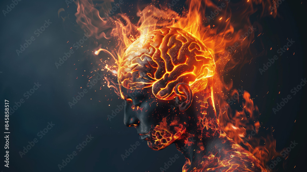 abstract human brain neurology concept burning head symbolizing stress headache and migraines with strong emotional impact digital illustration abstract human brain neurology concept burning head symbolizing stress headache and migraines with strong emotional impact digital illustration