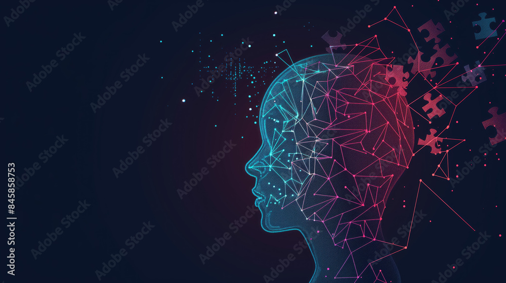 Fototapeta premium Human head profile and jigsaw puzzle, cognitive psychology or psychotherapy concept, mental health, brain problem, personality disorder, vector line design, Created using generative AI tools
