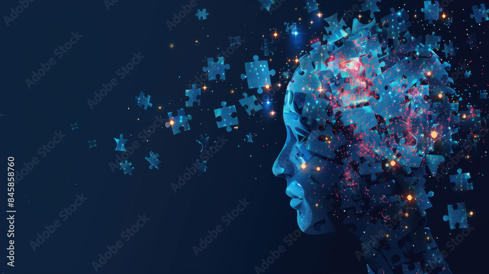 Obraz premium Human head profile and jigsaw puzzle, cognitive psychology or psychotherapy concept, mental health, brain problem, personality disorder, vector line design, Created using generative AI tools