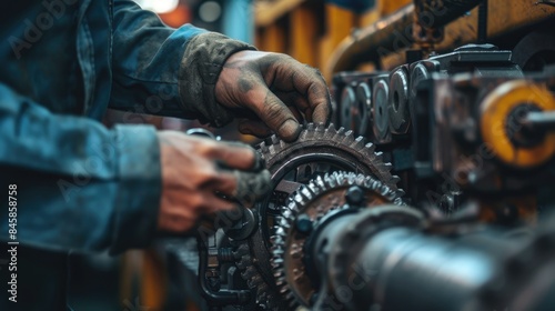 Close up of professional mechanic hand fixing and repairing machine while holding iron cog. Attractive technician learning and fixing gear at factory with blurring background. Maintenance. AIG42.