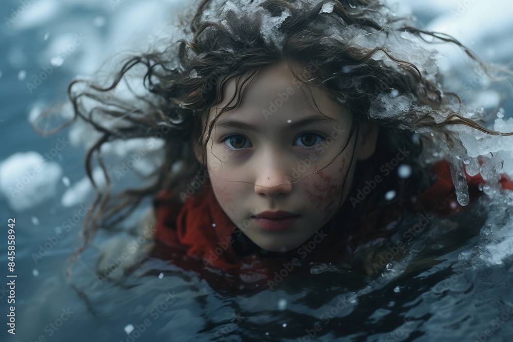 Young girl drowning in a winter lake Young girl drowning in a winter lake