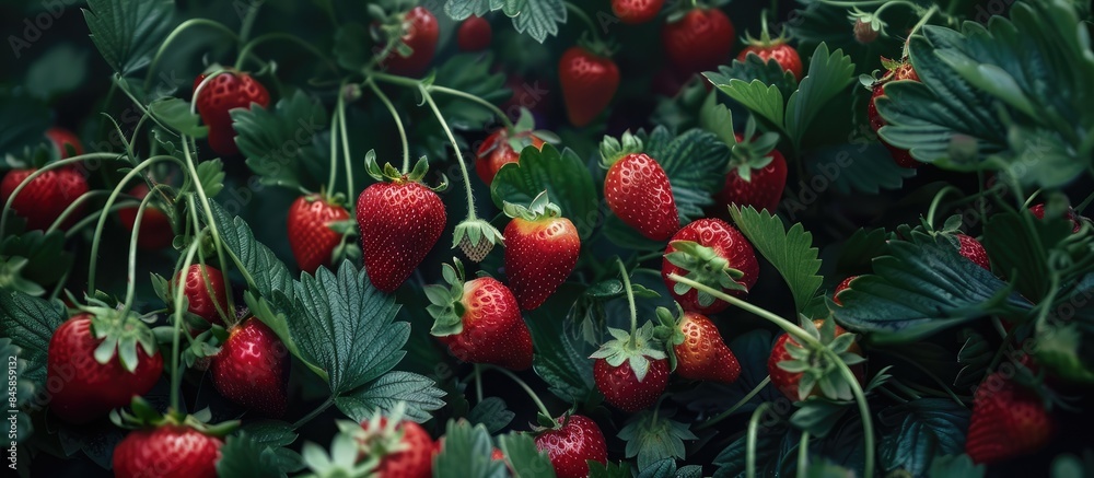 Obraz premium Ripe strawberries dominating the shot from an aerial perspective.