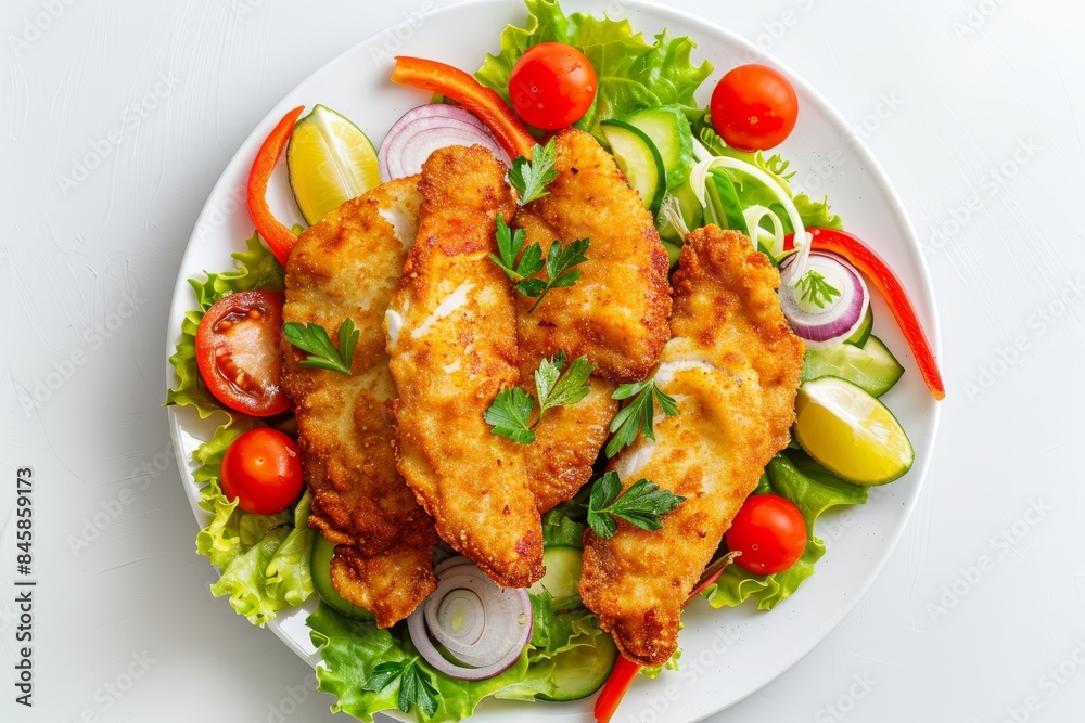 Top view of crispy breaded tilapia fillets with vegetables on a white plate Top view of crispy breaded tilapia fillets with vegetables on a white plate