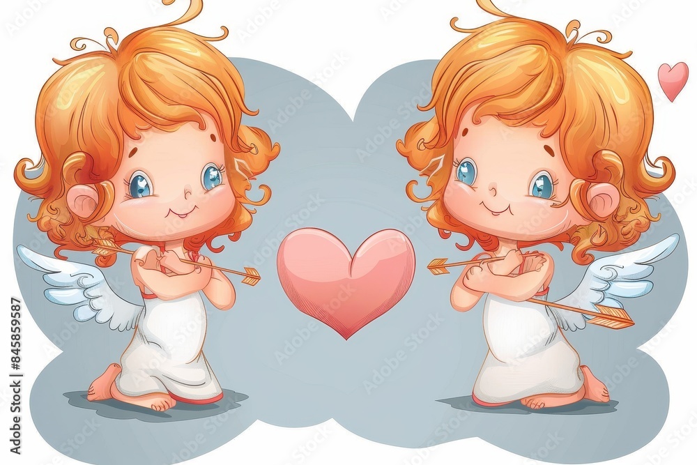 Two cute cupid characters facing each other, sharing a heart, symbolizing love and relationships Two cute cupid characters facing each other, sharing a heart, symbolizing love and relationships