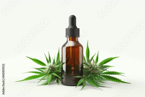 CBD Oil Dropper Bottle Encircled By Lush Cannabis Leaves