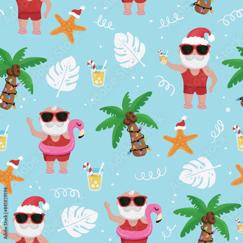 Tropical Christmas seamless pattern with Summer Santa Claus, palm, Starfish, and lemonade.