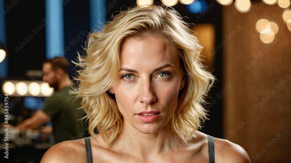 Fototapeta premium Beautiful model girl with short hair .Beauty woman with blonde curly hairstyle dye. Fashion
