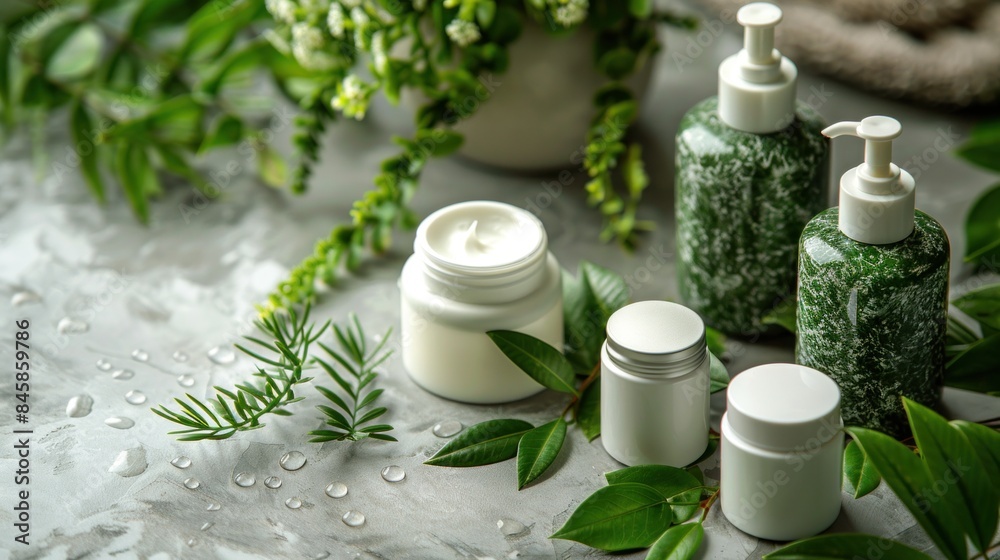 Natural skincare products on a marble surface with water droplets and fresh green leaves Natural skincare products on a marble surface with water droplets and fresh green leaves