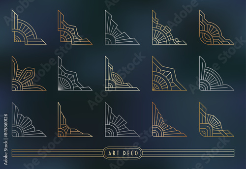Art Deco style corner set. Geometric outline decorations on the dark grey blue marble textured background. Linear gold, silver, copper-coloured elements. EPS 10 design vector illustration.