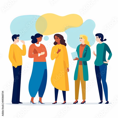 flat vector style illustration, a diverse group of people talking and collaborating, on white background 