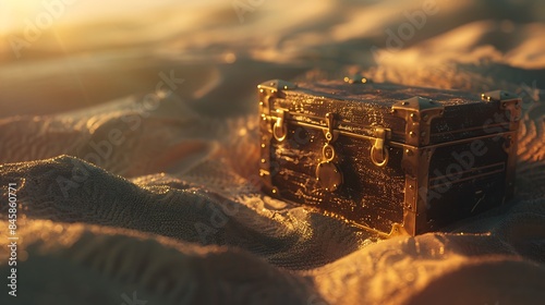 The concept of discovery depicted by a treasure chest buried in the sand awaiting exploration