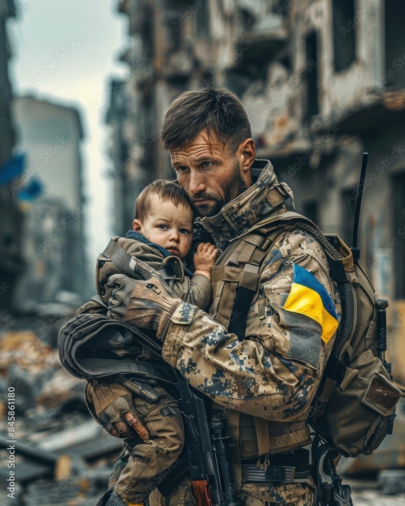 Ukrainian Soldier Holding Child in War-Torn City. Generative ai Ukrainian Soldier Holding Child in War-Torn City. Generative ai