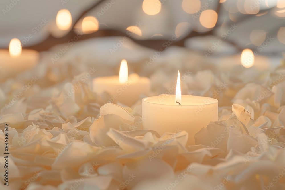 A candle is lit in the middle of a bed of white flowers A candle is lit in the middle of a bed of white flowers