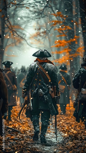 Historical Soldiers Marching Through Snowy Forest. Generative ai photo