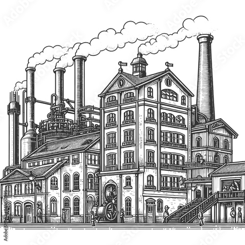 Beer brewing process factory equipment with beer brewing elements and grains. Sketch engraving generative ai vector illustration. Scratch board imitation. Black and white image.