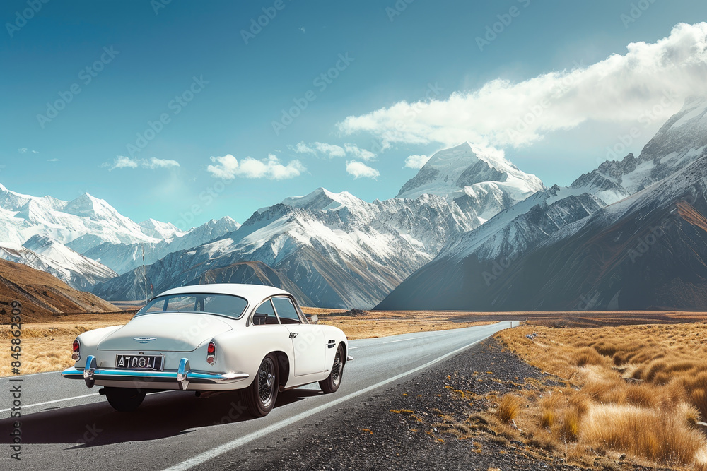 A white car is driving down a road in the desert A white car is driving down a road in the desert