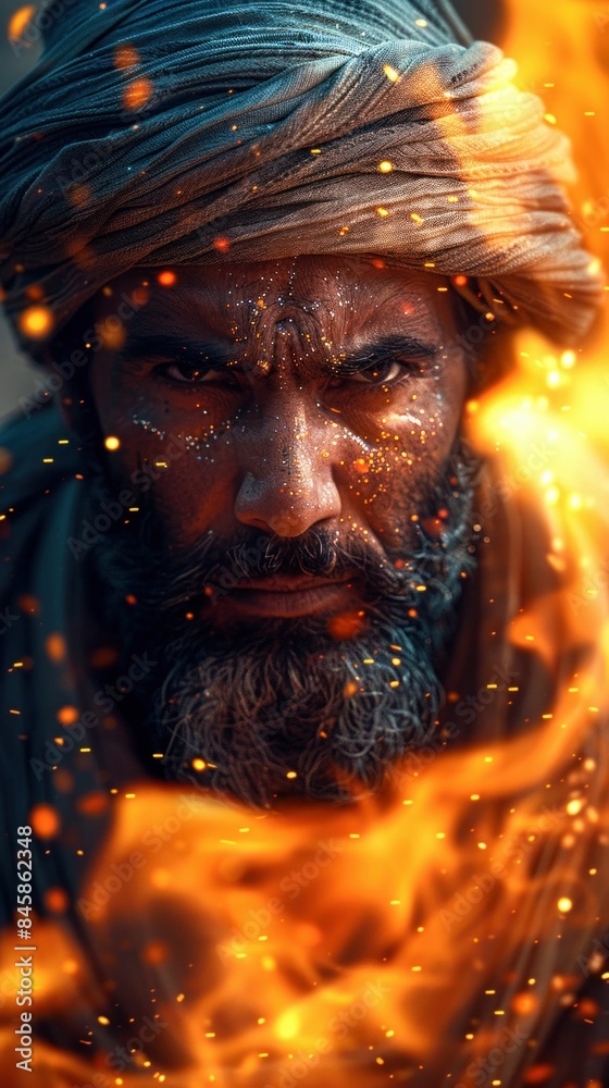 Fierce Arabian Warrior Surrounded by Flames. Generative ai Fierce Arabian Warrior Surrounded by Flames. Generative ai