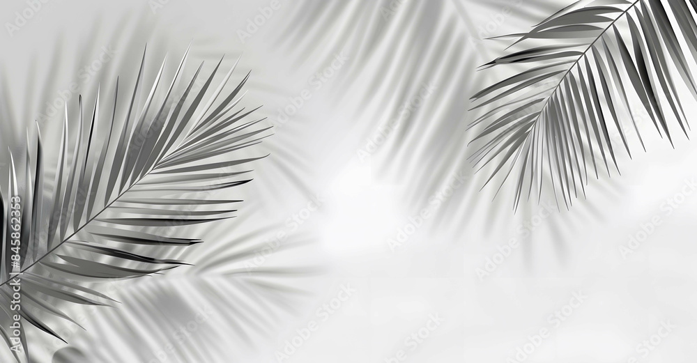 Fototapeta premium Abstract Palm Leaf Shadow Overlay on Light Grey Background. Minimalist Tropical Design for Branding and Marketing. Copy space