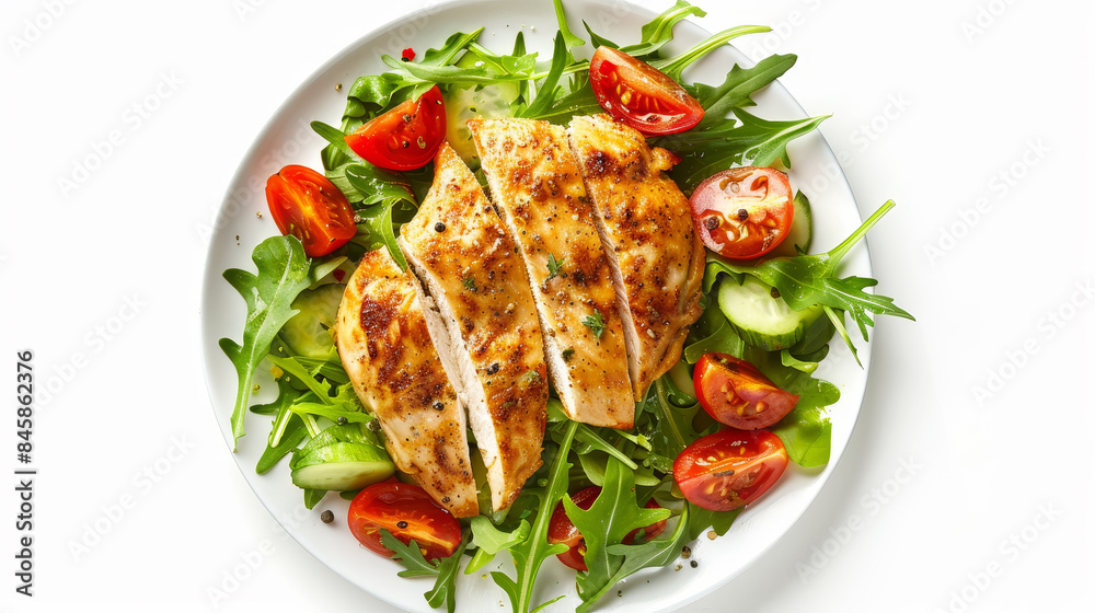 A plate of chicken and salad with a variety of vegetables A plate of chicken and salad with a variety of vegetables