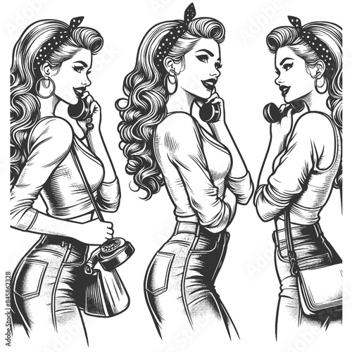 retro-style pin-up girl elegantly talking on a classic rotary dial telephone sketch engraving generative ai fictional character vector illustration. Scratch board imitation. Black and white image.