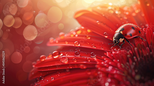 ladybug on red flower petal with water drops close up, A ladybug sitting on a red flower on blurred background