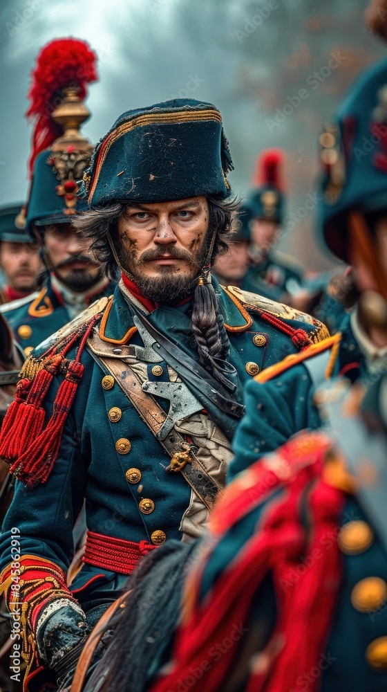 Fototapeta premium Napoleonic Soldiers in Elaborate Uniforms on Parade. Generative ai