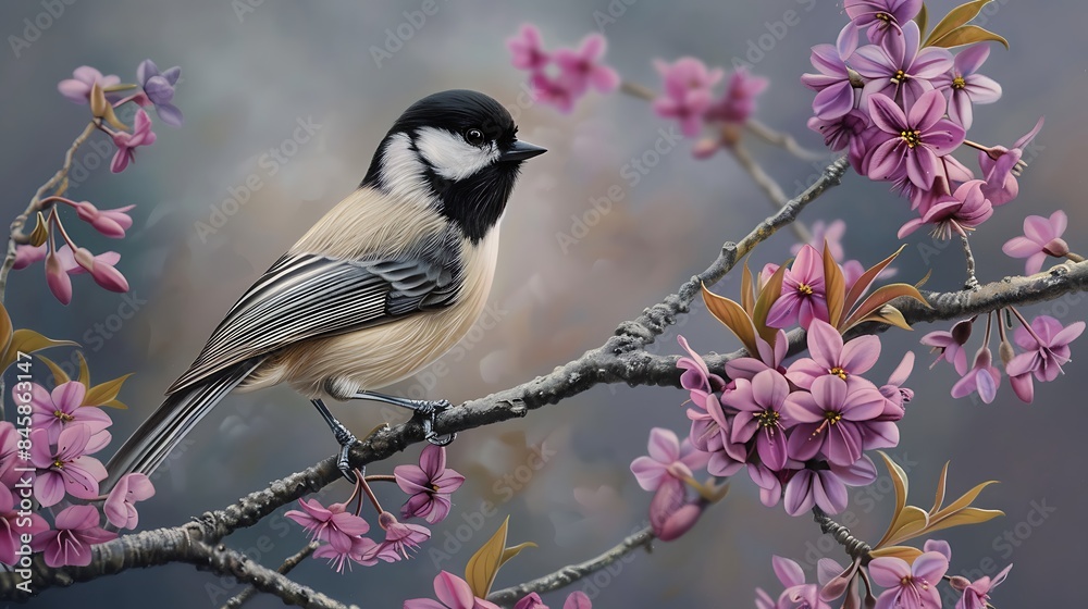 Obraz premium Black capped chickadee on redbud
