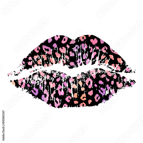 Vector lip imprint with a spotted leopard texture isolated on a white background. Decorative element suitable for various print and design purposes.