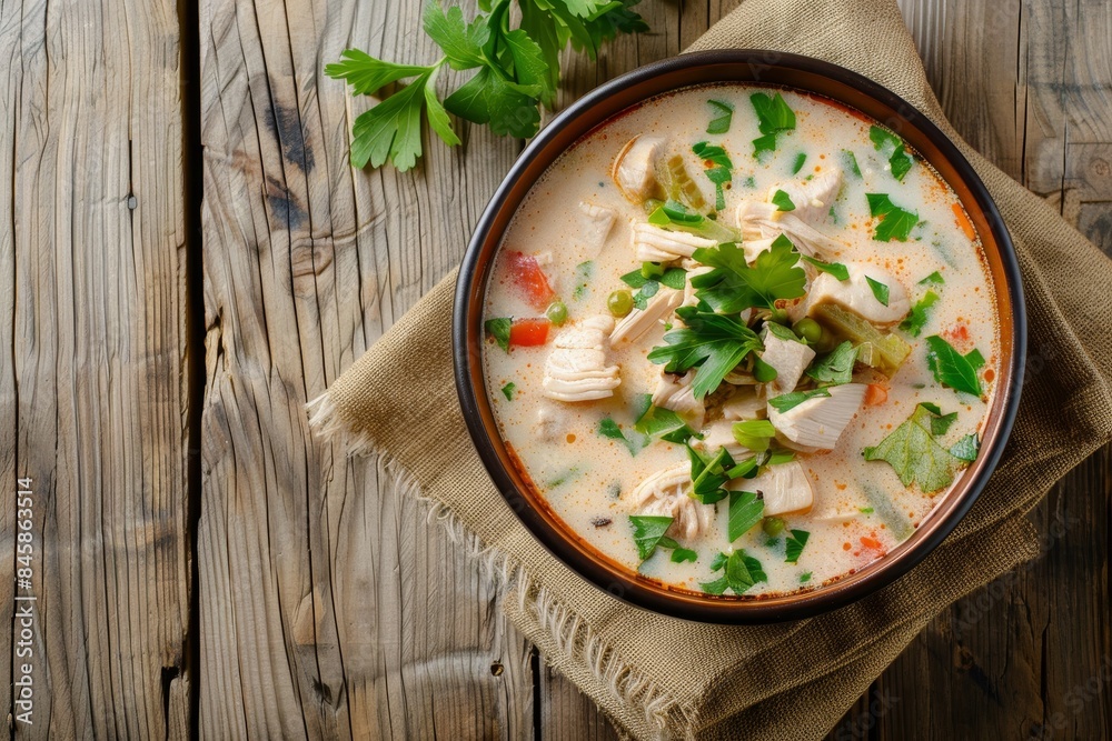 Top view of rustic table with chicken coconut milk soup copy space Top view of rustic table with chicken coconut milk soup copy space