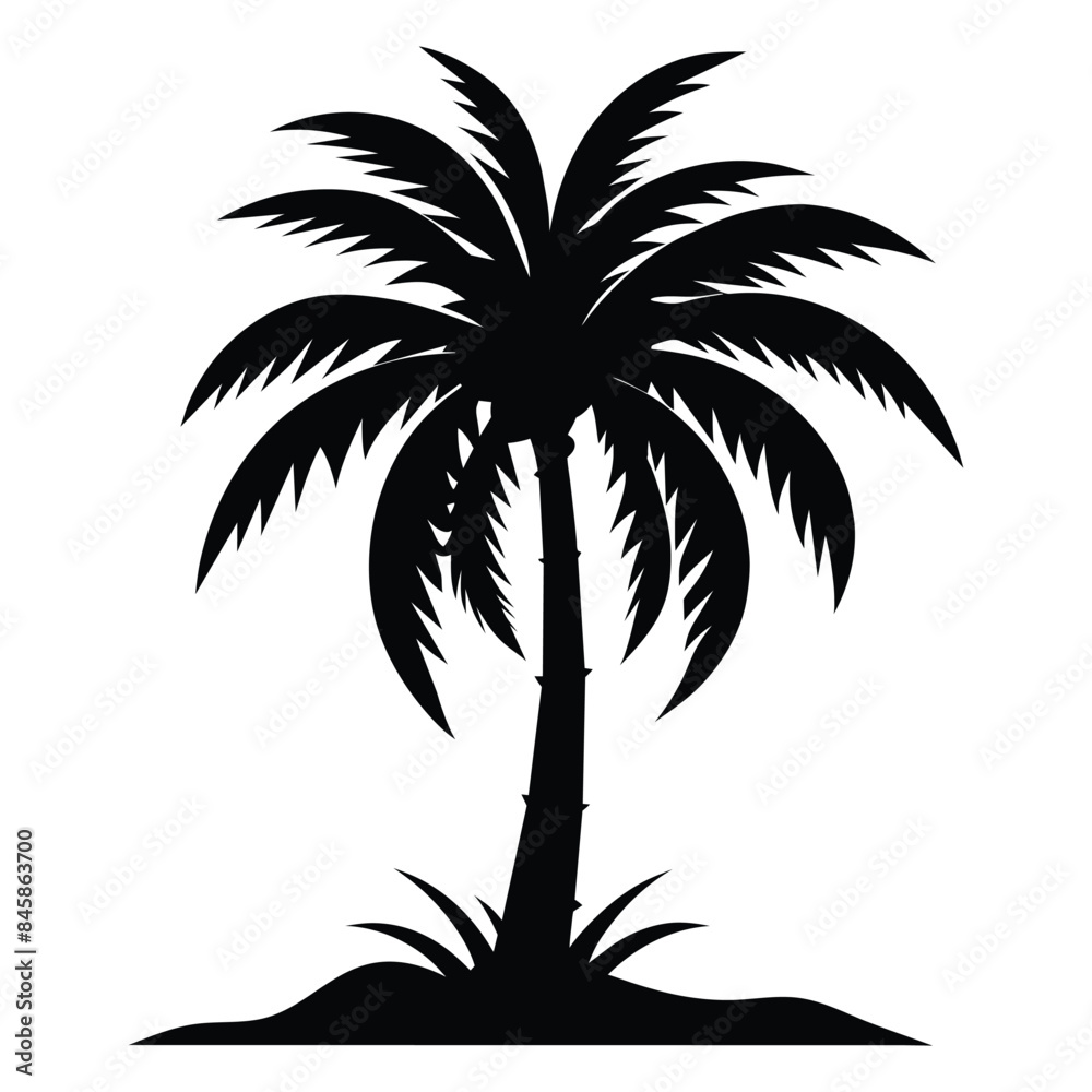 Vector silhouette of a palm tree with detailed fronds on a small hill, perfect for tropical and beach-themed designs Vector silhouette of a palm tree with detailed fronds on a small hill, perfect for tropical and beach-themed designs