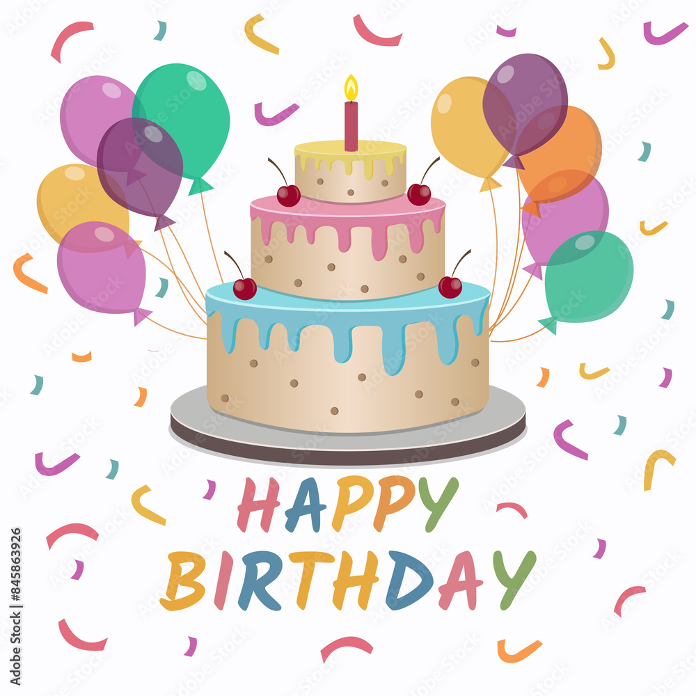 Happy birthday greeting with cake and balloons Happy birthday greeting with cake and balloons
