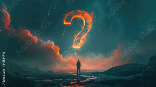 large question mark looming over person standing at crossroads pondering which path to take, concept of Indecision and Uncertainty, created with Generative AI technology