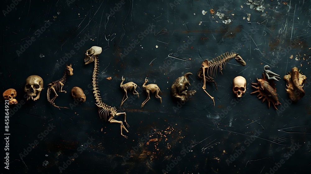 Fototapeta premium The concept of evolution depicted by a sequence of fossilized remains leading to modern animals