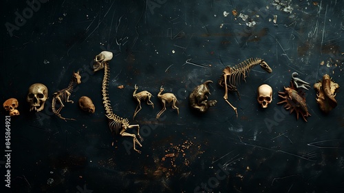 The concept of evolution depicted by a sequence of fossilized remains leading to modern animals