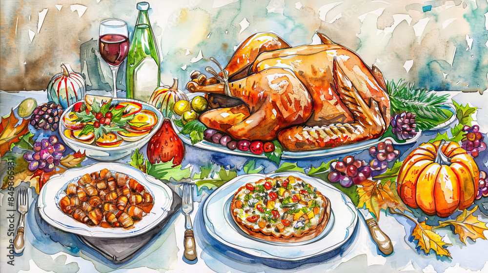 Fototapeta premium Thanksgiving dinner table with roasted turkey, pumpkin, salad, bread and wine.