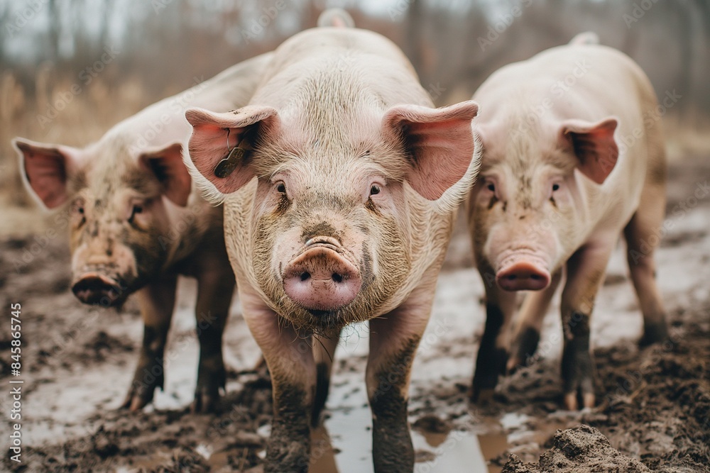 A close-up photo of large pigs wallowing in the mud, focusing on their expressive eyes and soft pink skin. The background is blurred to highlight the pigs. A close-up photo of large pigs wallowing in the mud, focusing on their expressive eyes and soft pink skin. The background is blurred to highlight the pigs.