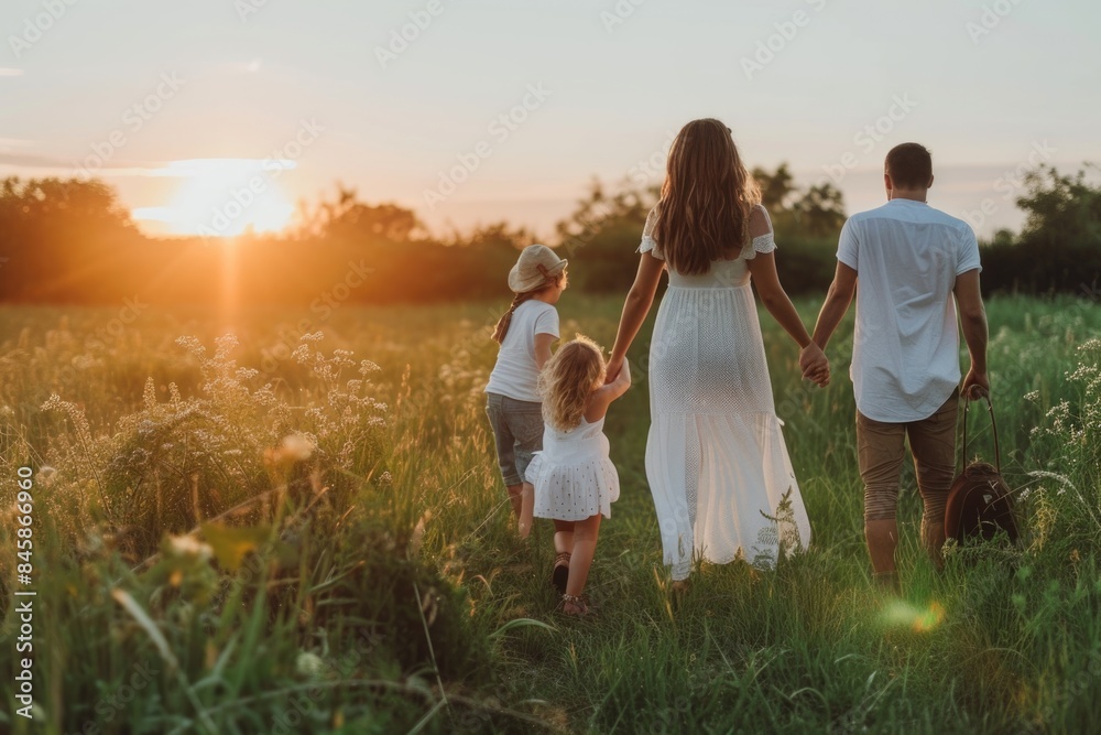 Couple and a children walking through a field Couple and a children walking through a field