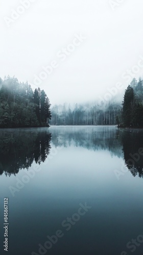 Trees are reflected in the water of a lake in the fog, nature background 